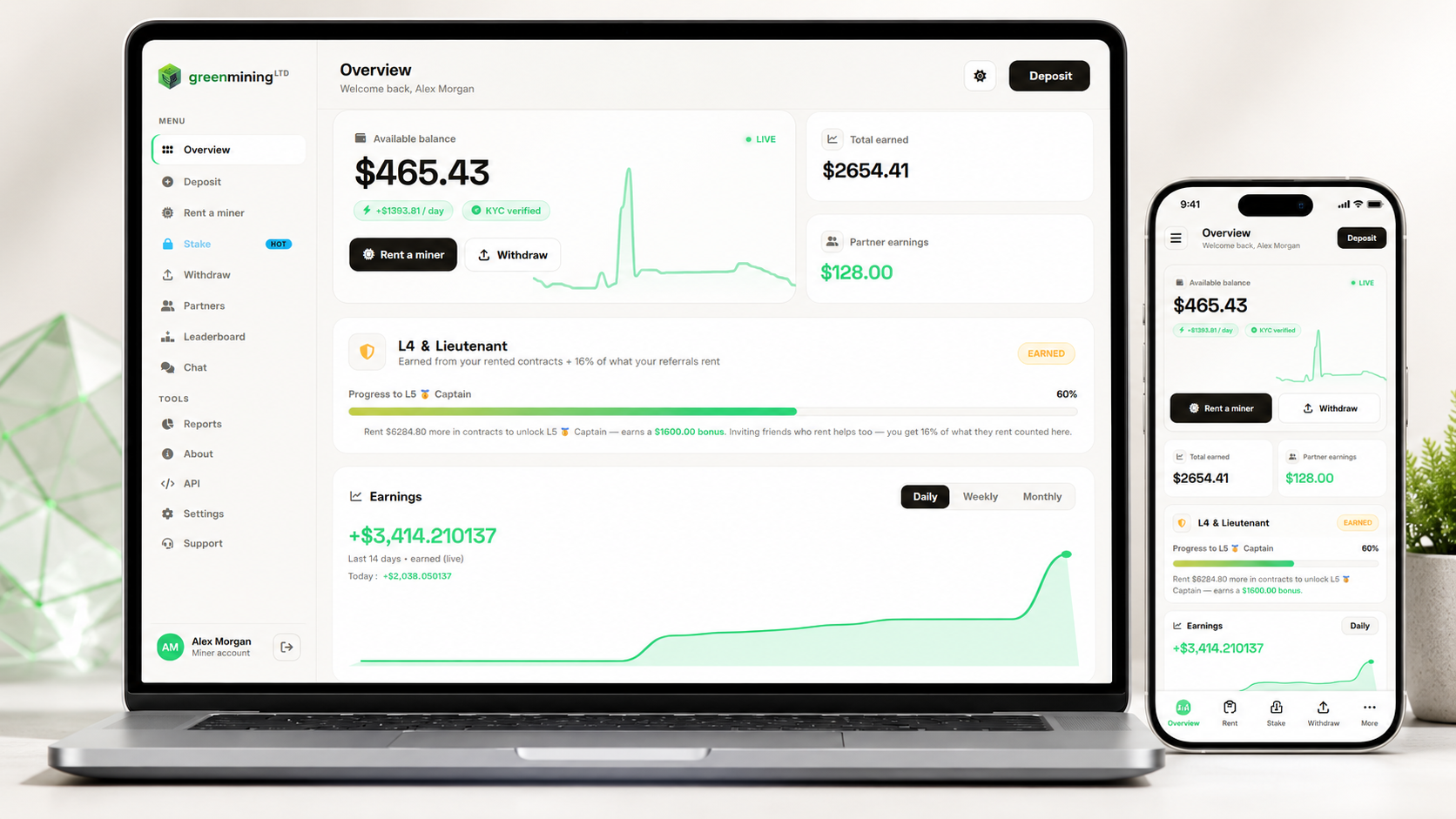 GreenMining dashboard on laptop and phone