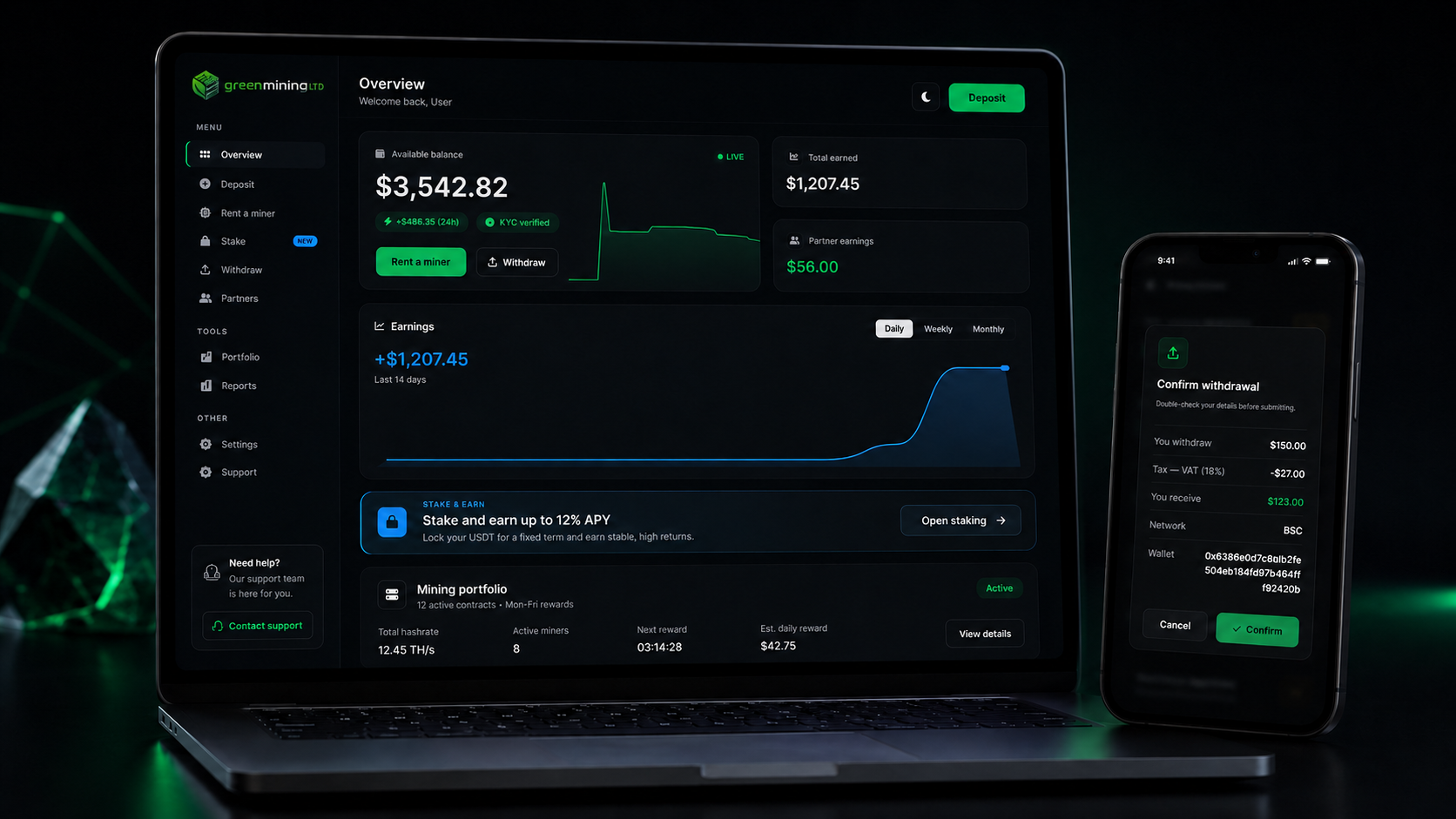 GreenMining dashboard on laptop and phone